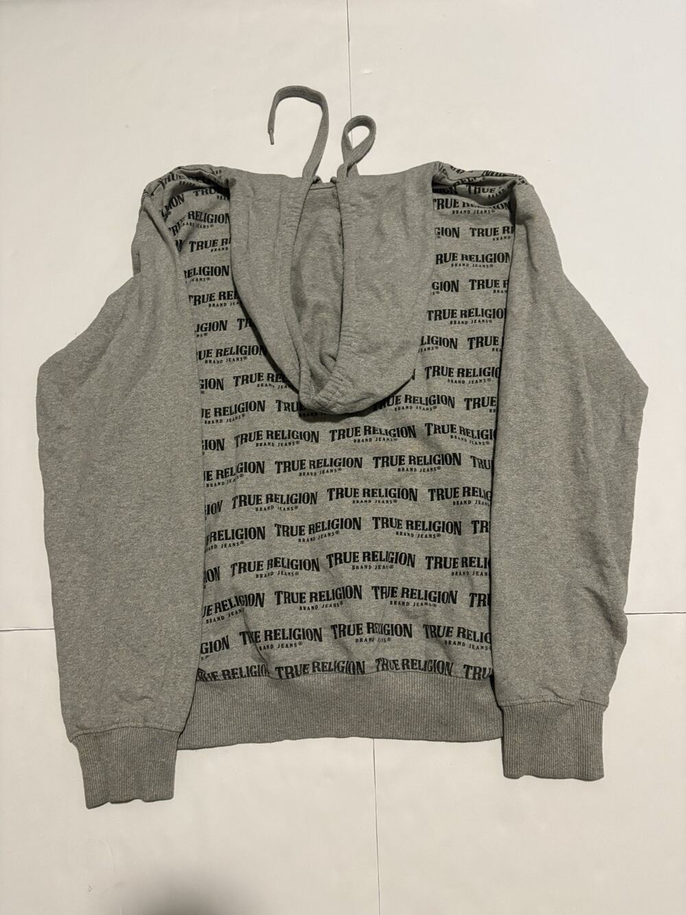 True Religion Womenโs Large Hoodie Gray All Over Logo Pullover Sweatshirt